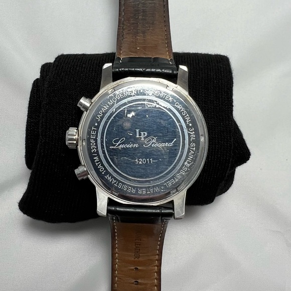 Lucien Piccard 12011 Black Leather Men's Chronograph Watch with White Face - Picture 10 of 12